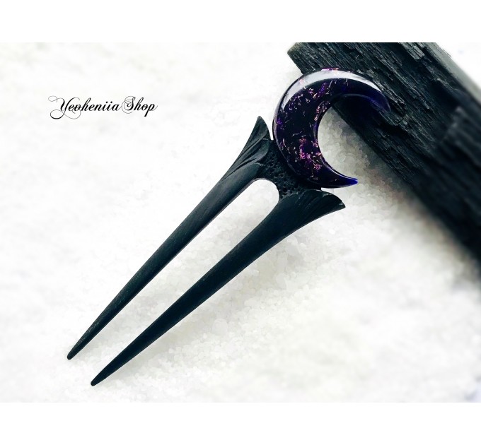 Wooden hair fork with purple crescent 