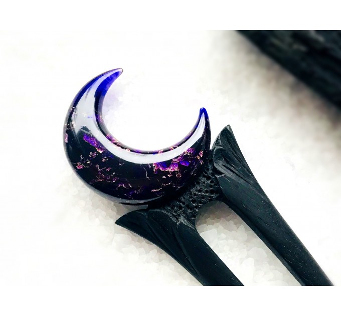 Wooden hair fork with purple crescent 