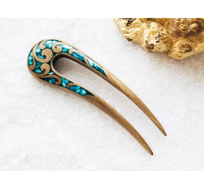 Wooden hair fork with blue stones