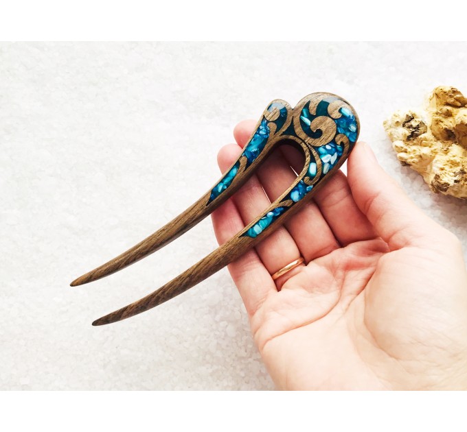 Wooden hair fork with blue stones 