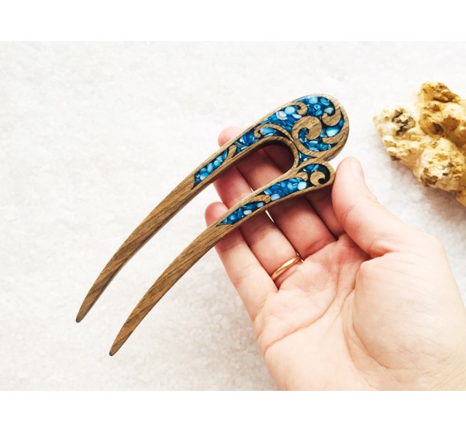 Wooden hair fork with blue stones 