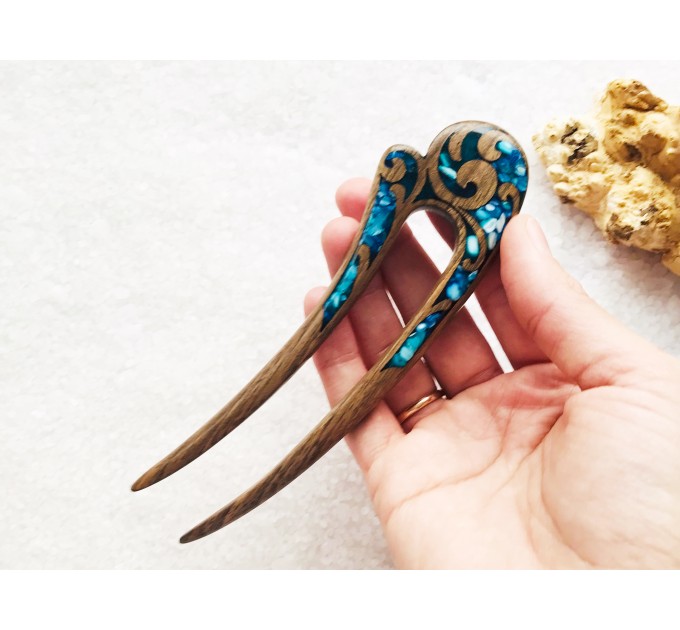 Wooden hair fork with blue stones 