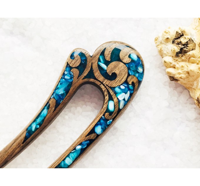 Wooden hair fork with blue stones 