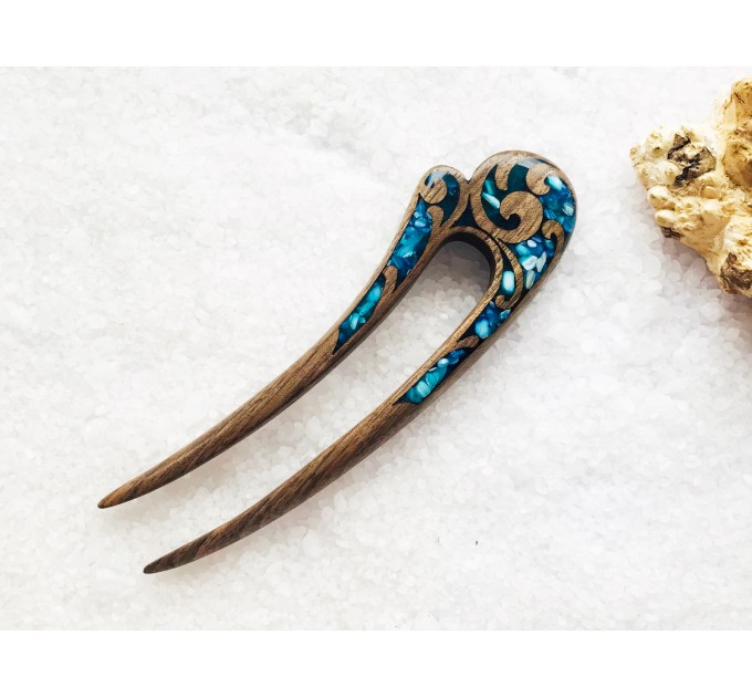 Wooden hair fork with blue stones 