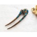 Wooden hair fork with blue stones 