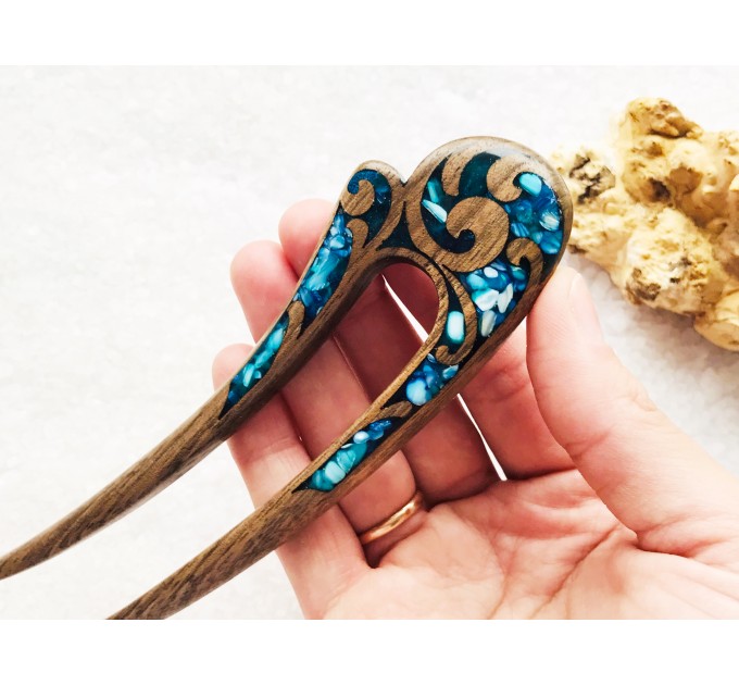 Wooden hair fork with blue stones 