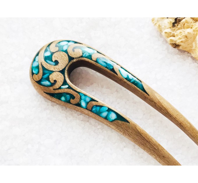 Wooden hair fork with blue stones