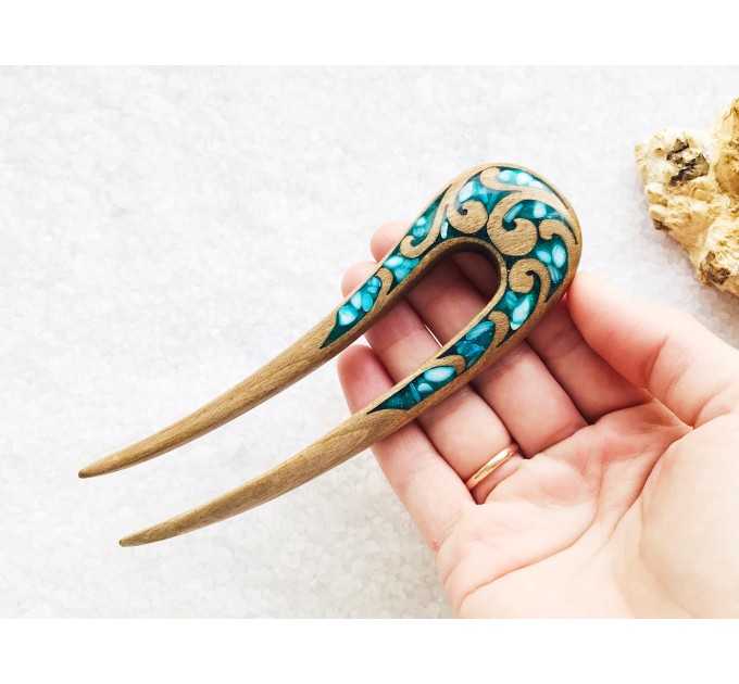 Wooden hair fork with blue stones