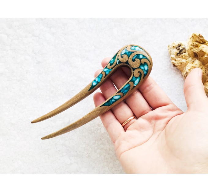 Wooden hair fork with blue stones