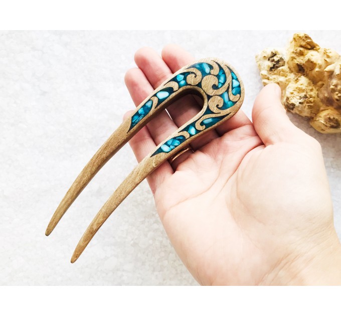 Wooden hair fork with blue stones