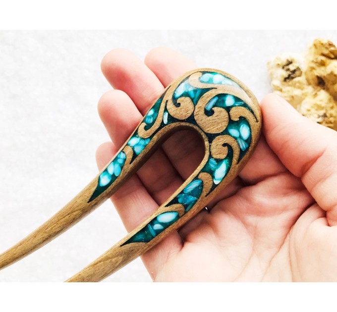 Wooden hair fork with blue stones