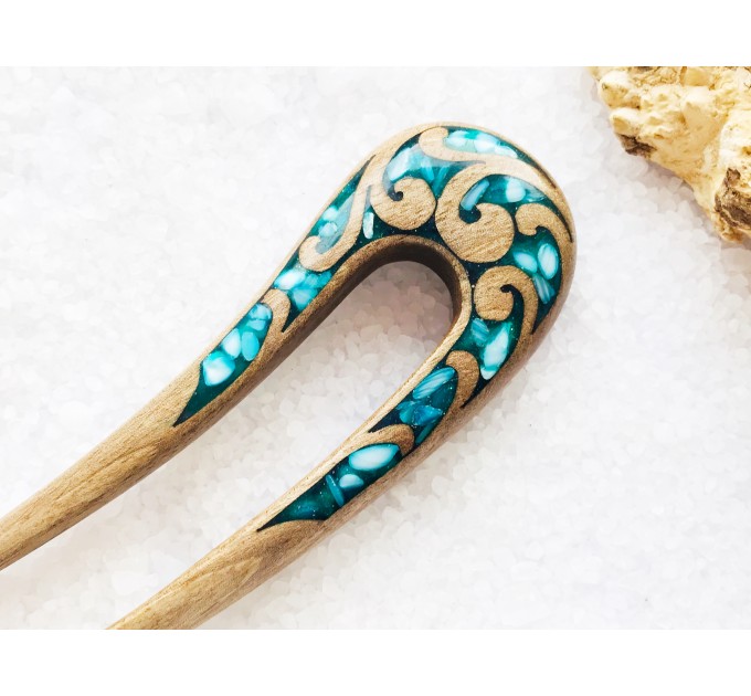 Wooden hair fork with blue stones