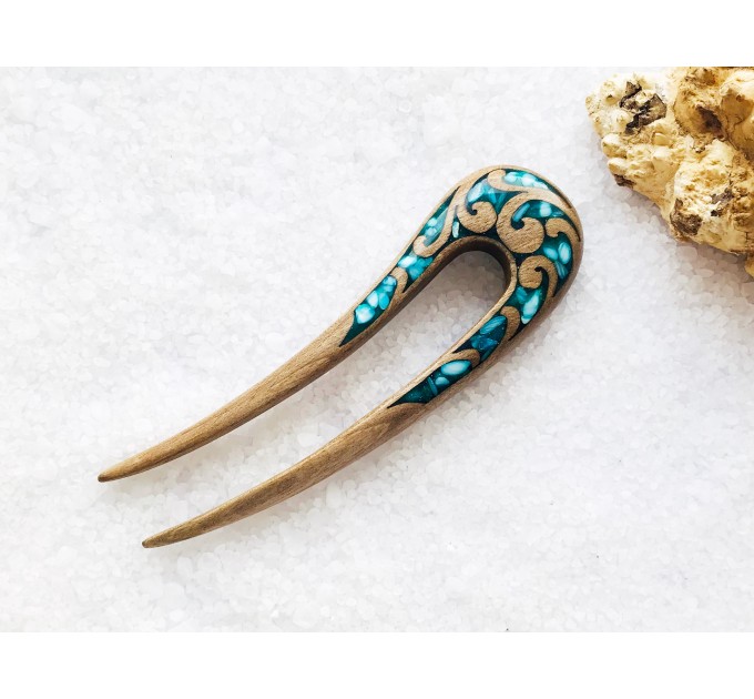 Wooden hair fork with blue stones