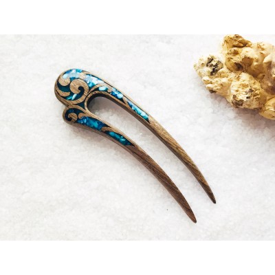 Wooden hair fork with blue stones