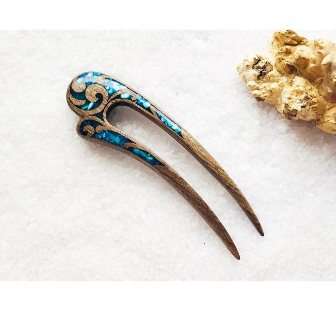 Wooden hair fork with blue stones 