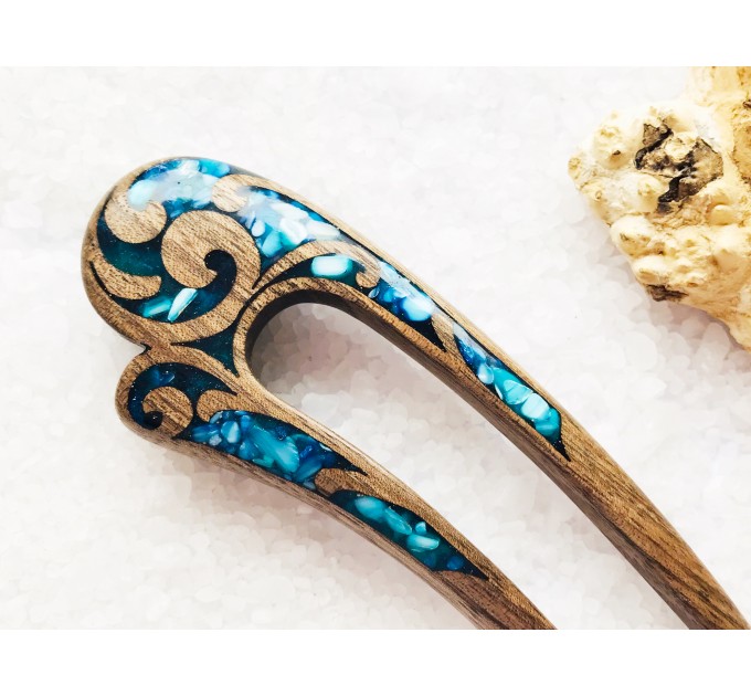 Wooden hair fork with blue stones 