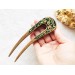 Wooden hair fork with green stones 