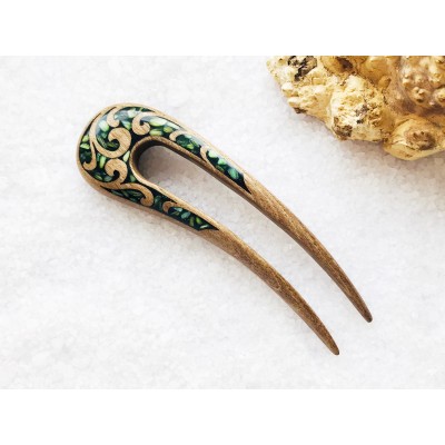 Wooden hair fork with green  stones