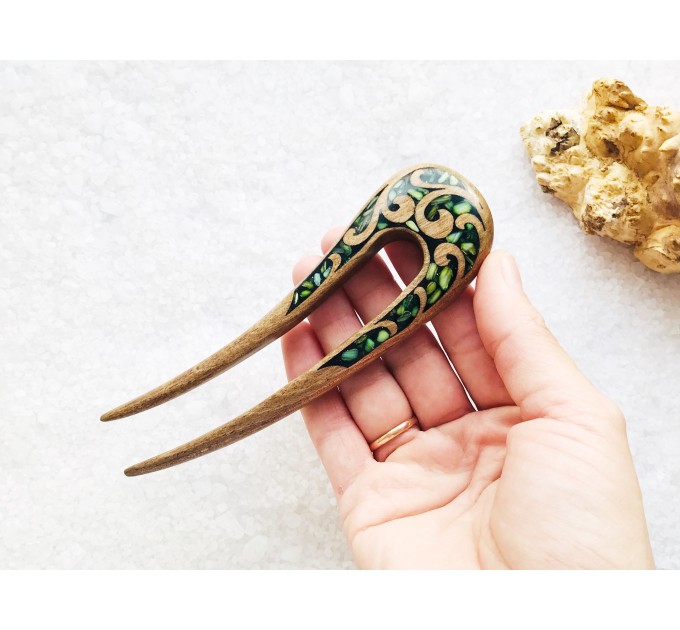 Wooden hair fork with green stones 