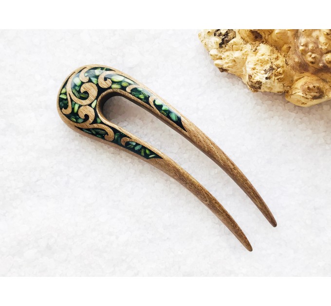 Wooden hair fork with green stones 