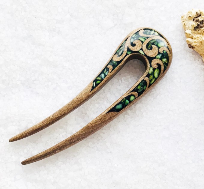 Wooden hair fork with green stones 