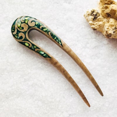 Wooden hair fork with green  stones