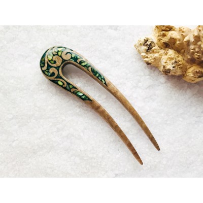 Wooden hair fork with green  stones