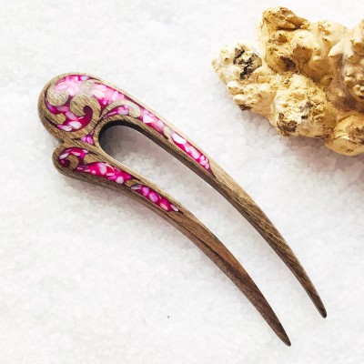 Wooden hair fork with pink  stones