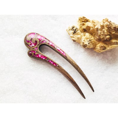 Wooden hair fork with pink  stones