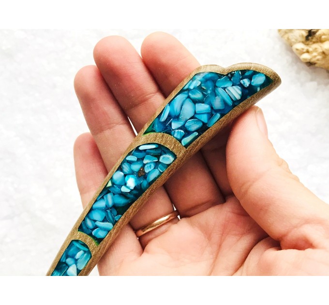 Wooden hair stick with blue stones