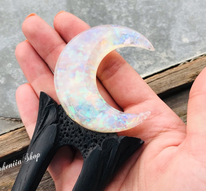 Wooden hair fork with Crescent looks like opal.