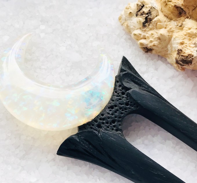 Wooden hair fork with Crescent looks like opal.