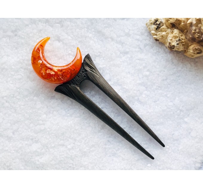 Wooden hair fork with orange crescent 