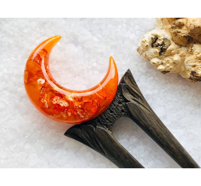 Wooden hair fork with orange crescent 