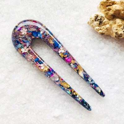 Hair fork with flowers and blue stones