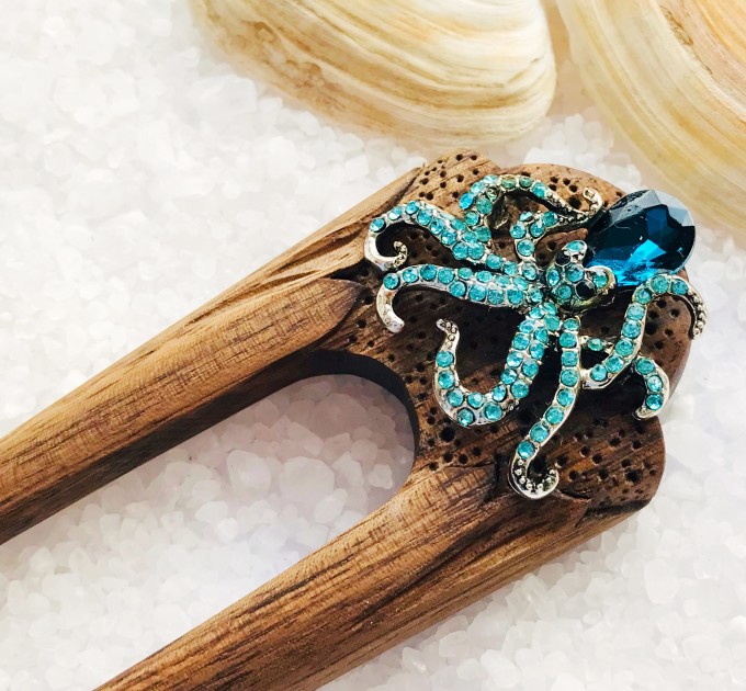 Wooden hair fork with octopus. Ocean hair clip.